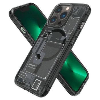 Etui Spigen Ultra Hybrid Mag z MagSafe na iPhone 13 Pro Max - ciemnoszare (wzór Zero One)