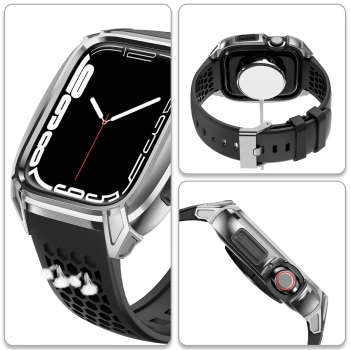 Kingxbar CYF148 2w1 pancerne etui Apple Watch SE, 6, 5, 4 (44 mm) ze stali nierdzewnej z paskiem srebrne