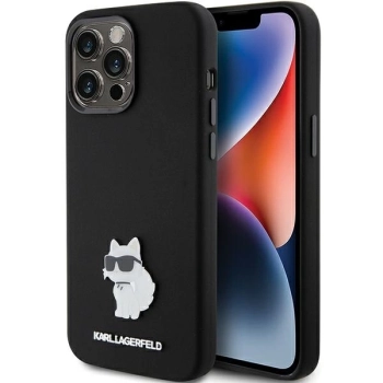 Etui Karl Lagerfeld Silicone Choupette Metal Pin na iPhone 15 Pro - czarne