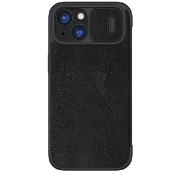 Skórzane etui z klapką Nillkin Qin Pro Leather do iPhone 15 z osłoną aparatu - czarne