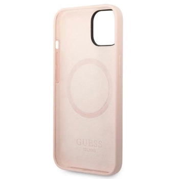 Etui Guess Silicone Logo Plate MagSafe na iPhone 14 Plus - różowe
