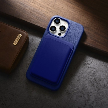 iCarer Litchi Premium Leather Case skórzane etui iPhone 14 Pro magnetyczne z MagSafe ciemnoniebieski (WMI14220710-DB)