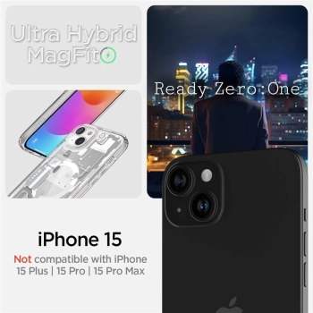Etui Spigen Ultra Hybrid Mag z MagSafe na iPhone 15 - białe (wzór Zero One)