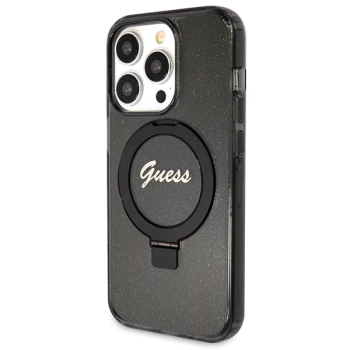 Etui Guess Ring Stand Script Glitter MagSafe na iPhone 14 Pro - czarne