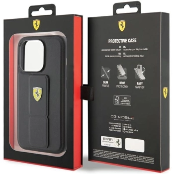 Etui Ferrari Grip Stand Metal Logo na iPhone 15 Pro Max - czarne