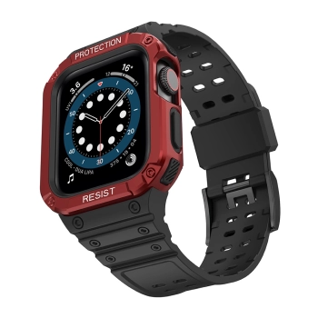 Protect Strap Band opaska z etui do Apple Watch 7 / 6 / 5 / 4 / 3 / 2 / SE (41 / 40 / 38mm) obudowa pancerny pokrowiec na zegarek czarny / czerwony