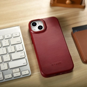 iCarer CE Oil Wax Premium Leather Folio Case skórzane etui iPhone 14 z klapką magnetyczne MagSafe czerwony (AKI14220705-RD)
