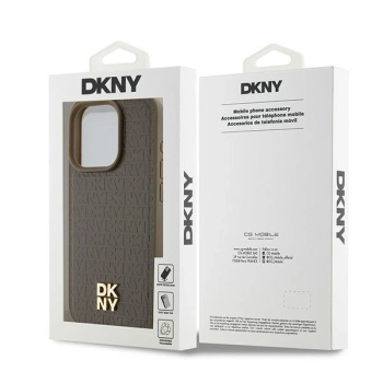 Etui DKNY Leather Pattern Metal Logo MagSafe na iPhone 14 Pro - brązowe