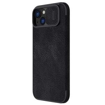 Skórzane etui z klapką osłoną aparatu do iPhone 15 Plus Nillkin Qin Pro Leather - czarne
