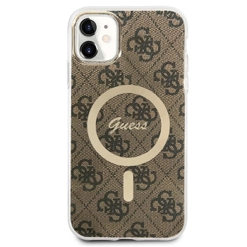 Etui Guess 4G Print MagSafe na iPhone 11 + ładowarka indukcyjna - brązowe