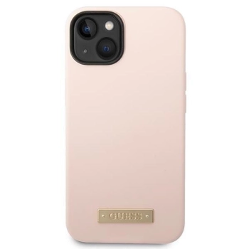 Etui Guess Silicone Logo Plate MagSafe na iPhone 14 Plus - różowe