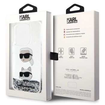 Etui Karl Lagerfeld Liquid Glitter Karl&Choupette Heads na iPhone 14 Pro Max - srebrne