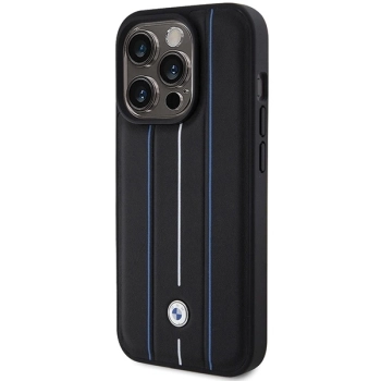 Etui BMW Leather Stamp Blue Lines na iPhone 15 Pro Max - czarne