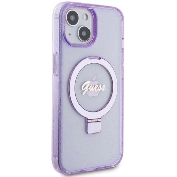Etui Guess Ring Stand Script Glitter MagSafe na iPhone 15 - fioletowe