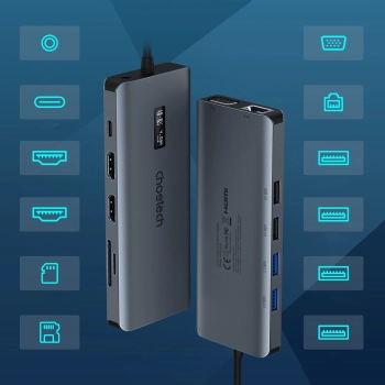 Choetech HUB wielofunkcyjny z wyświetlaczem 12w1 USB-C do 1xUSB-C/4xUSB-A/2xHDMI/1xVGA/1xAUX/czytnik kart pamięci szary (HUB-M26)