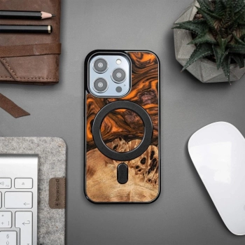 Etui z drewna i żywicy na iPhone 15 Pro MagSafe Bewood Unique Orange - pomarańczowo-czarne