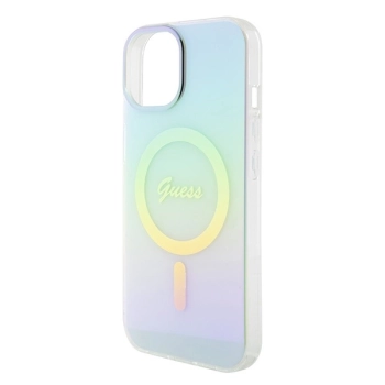 Etui Guess IML Iridescent MagSafe do iPhone 15 - turkusowe