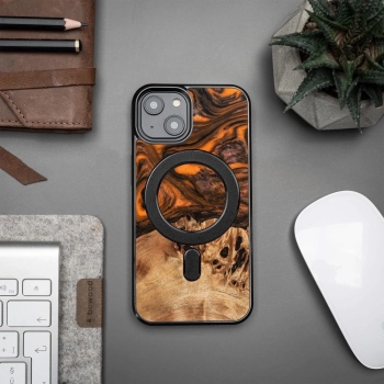 Etui z drewna i żywicy na iPhone 15 Plus MagSafe Bewood Unique Orange - pomarańczowo-czarne