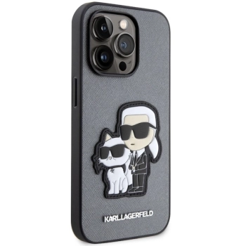 Etui Karl Lagerfeld Saffiano Karl&Choupette na iPhone 14 Pro - srebrne