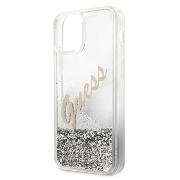 Etui Guess Glitter Vintage Script na iPhone 12 mini - srebrne