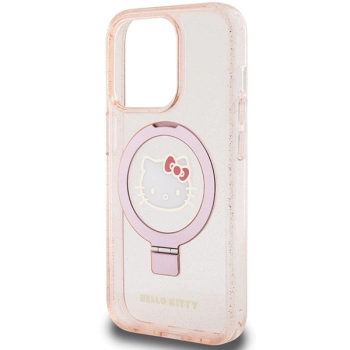 Etui Hello Kitty Ring Stand Glitter Electrop Logo MagSafe na iPhone 15 Pro - różowe