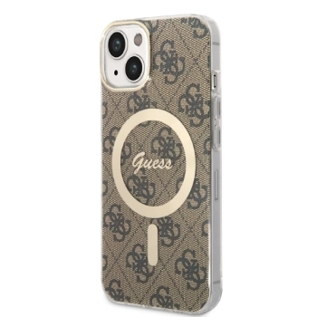 Etui Guess 4G Print MagSafe na iPhone 14 Plus + ładowarka indukcyjna - brązowe