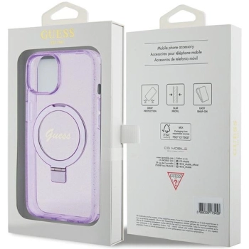 Etui Guess Ring Stand Script Glitter MagSafe na iPhone 15 - fioletowe