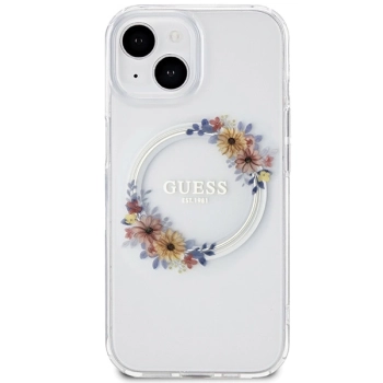 Etui Guess IML Flowers Wreatch MagSafe na iPhone 15 / 14 / 13 - przezroczyste