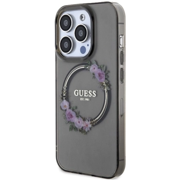 Etui Guess IML Flowers Wreath MagSafe na iPhone 15 Pro - czarne