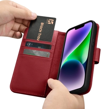 iCarer Wallet Case 2in1 etui iPhone 14 Plus skórzany pokrowiec z klapką Anti-RFID czerwony (WMI14220727-RD)