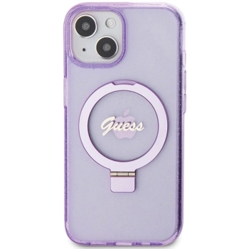 Etui Guess Ring Stand Script Glitter MagSafe na iPhone 15 - fioletowe