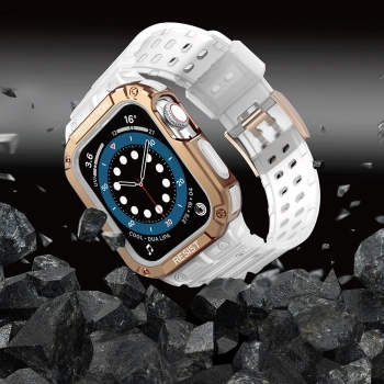 Protect Strap Band opaska z etui do Apple Watch 7 / 6 / 5 / 4 / 3 / 2 / SE (45 / 44 / 42mm) obudowa pancerny pokrowiec na zegarek przezroczysty / różo