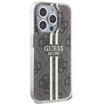 Etui Guess IML 4G Gold Stripe na iPhone 15 Pro - brązowe