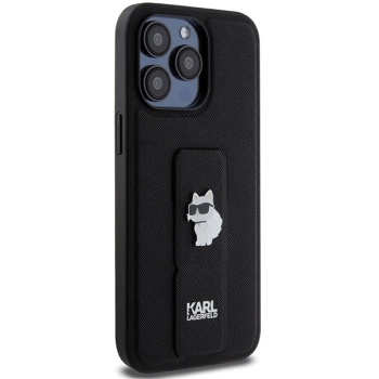 Etui Karl Lagerfeld Gripstand Saffiano Choupette Pins na iPhone 13 Pro / 13 - czarne