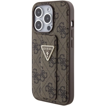 Etui Guess Grip Stand 4G Triangle Strass na iPhone 15 Pro - brązowe