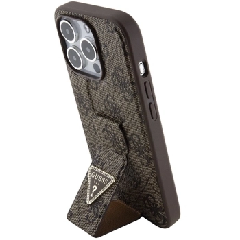 Etui Guess Grip Stand 4G Triangle Strass na iPhone 15 Pro - brązowe