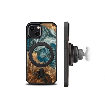 Etui z drewna i żywicy na iPhone 13 Mini MagSafe Bewood Unique Planeta Ziemia - niebiesko-zielone