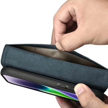 iCarer Oil Wax Wallet Case 2in1 etui iPhone 14 skórzany pokrowiec z klapką Anti-RFID niebieski (WMI14220721-BU)
