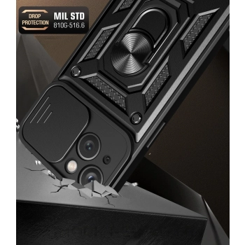 Pancerne etui Hybrid Armor Camshield z podstawką i osłoną aparatu do iPhone 15 - różowe