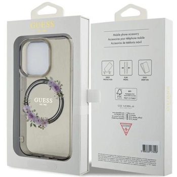 Etui Guess IML Flowers Wreath MagSafe na iPhone 15 Pro - czarne