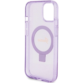 Etui Guess Ring Stand Script Glitter MagSafe na iPhone 15 - fioletowe