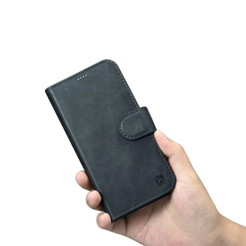 iCarer Oil Wax Wallet Case 2in1 etui iPhone 14 skórzany pokrowiec z klapką Anti-RFID niebieski (WMI14220721-BU)
