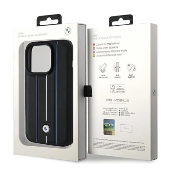 Etui BMW Leather Stamp Blue Lines na iPhone 15 Pro Max - czarne