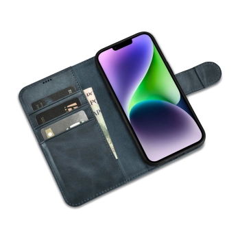iCarer Oil Wax Wallet Case 2in1 etui iPhone 14 skórzany pokrowiec z klapką Anti-RFID niebieski (WMI14220721-BU)