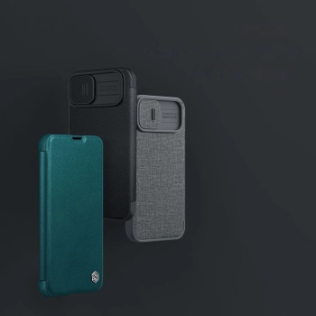 Nillkin Qin Cloth Pro Case etui do iPhone 14 Plus osłona na aparat kabura pokrowiec obudowa z klapką niebieski