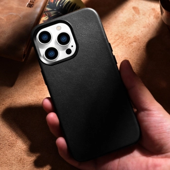 iCarer Case Leather pokrowiec etui z naturalnej skóry do iPhone 14 Pro Max czarny (WMI14220708-BK) (kompatybilne z MagSafe)