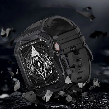 Kingxbar CYF140 2w1 pancerne etui Apple Watch 9, 8, 7 (45 mm) ze stali nierdzewnej z paskiem czarne
