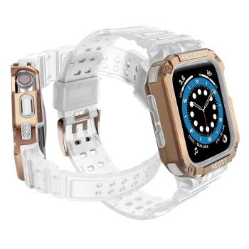 Protect Strap Band opaska z etui do Apple Watch 7 / 6 / 5 / 4 / 3 / 2 / SE (45 / 44 / 42mm) obudowa pancerny pokrowiec na zegarek przezroczysty / różo