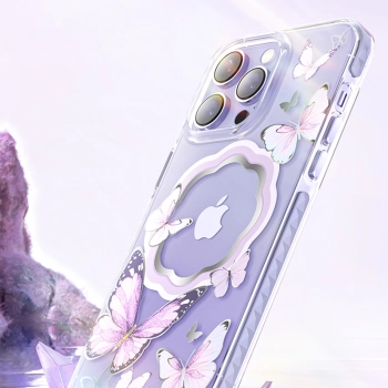 Kingxbar Butterfly Series magnetyczne etui iPhone 14 Plus MagSafe etui z motylami niebieskie