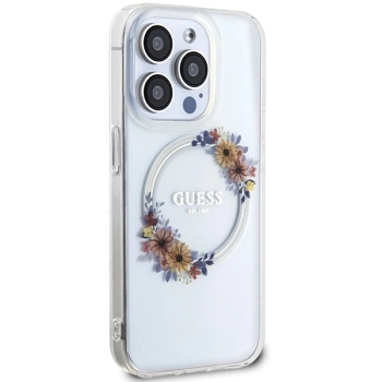 Etui Guess IML Flowers Wreatch MagSafe na iPhone 15 Pro - przezroczyste